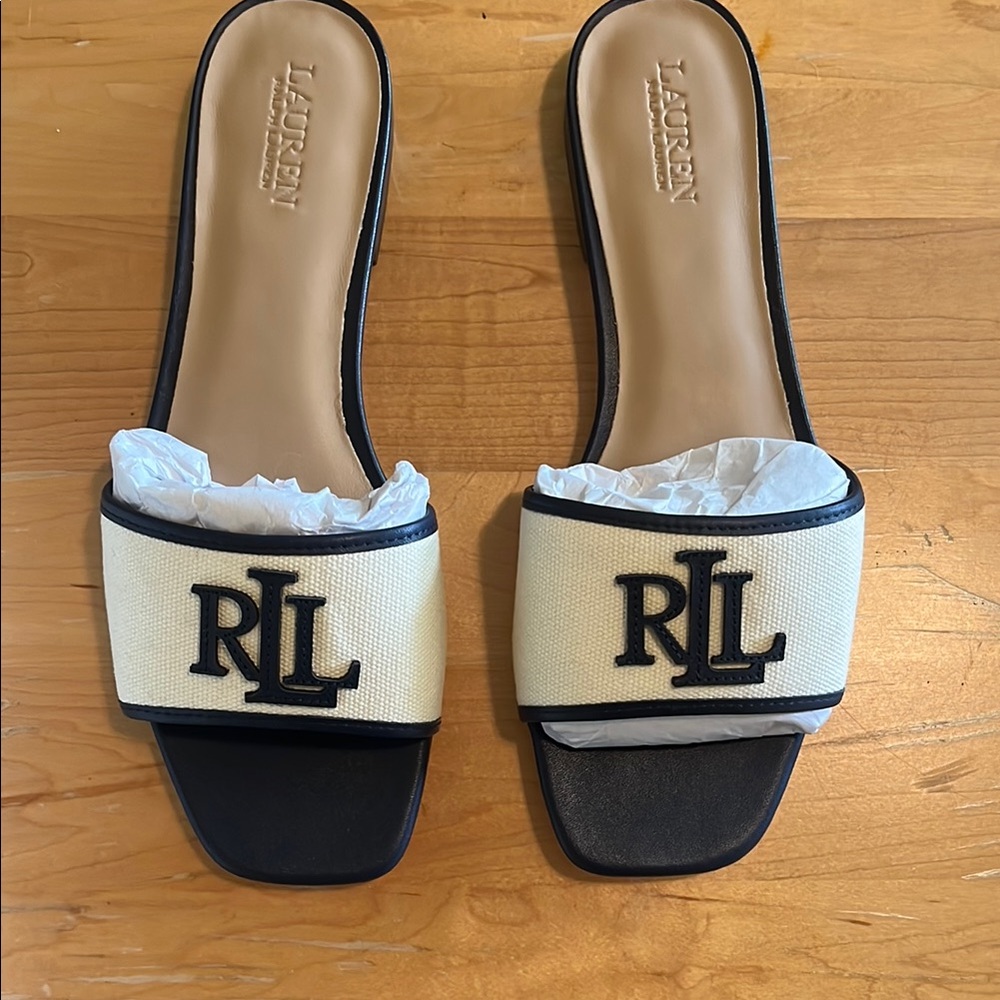 NEW in box, Ralph Lauren Everley Slides, Navy Beige - Picture 8 of 8